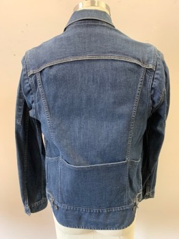 Mens, Jean Jacket, LEVI'S, Dk Blue, Cotton, Solid, XL, Button Front, 4 Pockets Front, Trio of Large Pockets on Back