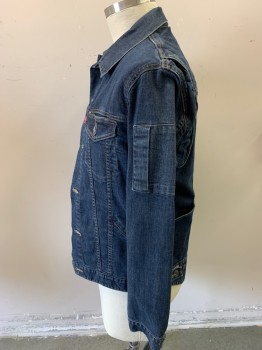 Mens, Jean Jacket, LEVI'S, Dk Blue, Cotton, Solid, XL, Button Front, 4 Pockets Front, Trio of Large Pockets on Back