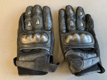 Mens, Leather Gloves, S, Black, Metallic, Leather, Pair, Motorcycle Gloves, Molded Knuckles Painted Metallic to Look Futuristic, Velcro at Wrists, Multiples