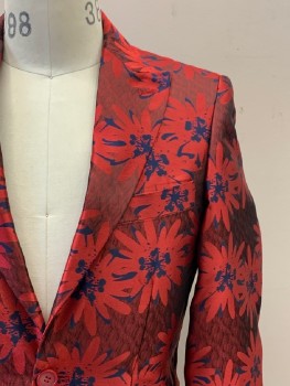 BLUE MARTINI, Red, Navy Blue, Dk Red, Polyester, Rayon, Floral, L/S, 2 Buttons, Single Breasted, Peaked Lapel, 3 Pockets