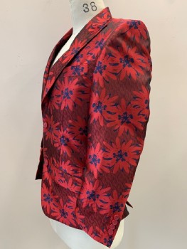 BLUE MARTINI, Red, Navy Blue, Dk Red, Polyester, Rayon, Floral, L/S, 2 Buttons, Single Breasted, Peaked Lapel, 3 Pockets