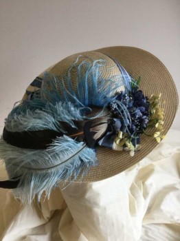 Womens, Hat 1890s-1910s, N/L, Beige, Slate Blue, Blue, Cream, Brown, Synthetic, Feathers, Basket Weave, Floral, HAT:  Beige Basket Weaving, Large Slate Blue W/cream Stripes Ribbon W/blue Sky,brown,black Feather, Slate Blue and Cream Cut-out Flower Piece Around Crown,