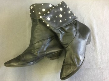 Womens, Boots, N/L, Black, Silver, Leather, Rhinestones, 8, Black Leather with Silver Circular Rhinestones in Silver Setting and Silver Studs on Folded Over Ankle Cuff, Pointed Toe, Small 2" Angled Heel,