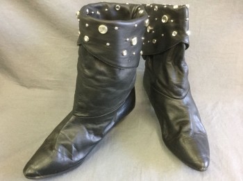 Womens, Boots, N/L, Black, Silver, Leather, Rhinestones, 8, Black Leather with Silver Circular Rhinestones in Silver Setting and Silver Studs on Folded Over Ankle Cuff, Pointed Toe, Small 2" Angled Heel,