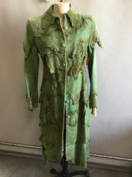 Womens, Sci-Fi/Fantasy Coat/Robe, MTO, Green, Brown, Suede, Solid, Mottled, 30W, 36/38B, 7 Buttons,  Layers Of Mottled Suede, Long Sleeves, Collar Attached, Long Coat