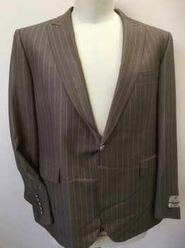 ROSSI MAN, Lt Brown, Lt Pink, Cream, Wool, Polyester, Stripes - Vertical , Paisley/Swirls, Heather Light Brown with Light Pink P-stripes, Peaked Lapel, Single Breasted, 1 Button Front, Long Sleeves, 3 Pockets, 2 Split Back Hem, with Matching Plants & Vest