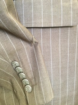 ROSSI MAN, Lt Brown, Lt Pink, Cream, Wool, Polyester, Stripes - Vertical , Paisley/Swirls, Heather Light Brown with Light Pink P-stripes, Peaked Lapel, Single Breasted, 1 Button Front, Long Sleeves, 3 Pockets, 2 Split Back Hem, with Matching Plants & Vest