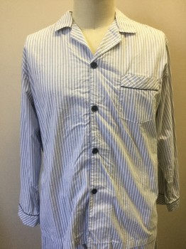 Mens, Sleepwear PJ Top, ROUNDTREE & YORKE, Lt Blue, White, Charcoal Gray, Cotton, Stripes - Vertical , Stripes - Pin, XL, White with Blue Microstripes and Charcoal Pinstripes, Long Sleeve Button Front, Notched Collar, Dark Navy Piping Accents, 1 Patch Pocket at Chest