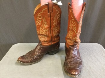 Mens, Cowboy Boots , N/L, Rust Orange, Brown, Tan Brown, Leather, Geometric, Reptile/Snakeskin, 10, Mixed Reptile Vamp and Crown with Traditionally Embroidered Quarter, 2" Stack Heel, Piped