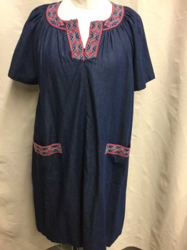 GO SOFTLY, Denim Blue, Coral Pink, Lt Blue, Cotton, Solid, Geometric, Deep Blue Denim/Denim Like Material, Short Sleeve, Coral and Light Blue Geometric Pattern Embroidered 1.5" Wide Trim At Neck, and Edges Of 2 Hip Pockets, Round Neck with Notched V Panel At Center with Invisible Zipper, Raglan Sleeve, Muu Muu Inspired Shape, Hem Mid-calf