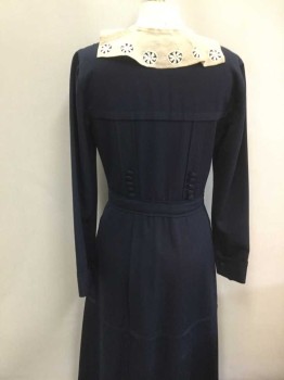 Womens, Dress 1890s-1910s, MTO, Navy Blue, Khaki Brown, White, Cotton, Linen, Solid, W26, B34, Hook & Eye/Snap Front with Faux Fabric Covered Buttons, Yoke with Small Flap, Pleated From Waist Upwards, Panels That Extend From Yoke Past The Waistband with Button Detail, Long Sleeves, Khaki Linen Collar with White Floral Embroidery, Mid Thigh Seam, Floor Length Hem,