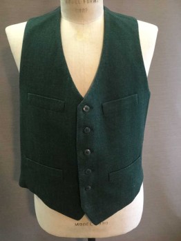 Mens, 1920s Vintage, Suit, Vest, M.T.O., Dk Green, Wool, Rayon, Herringbone, 38, V-N, Button Front, 4 Pockets, 6 Buttons, Rayon-Silk Back, Self Buckle Back