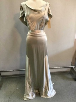 Womens, Evening Gown, MTO, Dove Gray, Silk, Solid, W:24, B:34, H:34, Beautiful Charmeuse, Bias Cut, Draped Bateau/Boat Neck, Cap Sleeves, Backless, Train, Fully Lined, Matching Belt, *Repro. 1930s