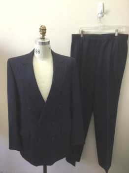 BURBERRY'S, Navy Blue, White, Wool, Stripes - Pin, Navy with White Pinstripe, Double Breasted, Peaked Lapel, 3 Pockets, 1990's