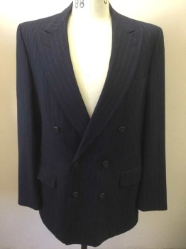 BURBERRY'S, Navy Blue, White, Wool, Stripes - Pin, Navy with White Pinstripe, Double Breasted, Peaked Lapel, 3 Pockets, 1990's