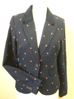 MOD CLOTH, Navy Blue, Red-Orange, Polyester, Wool, Polka Dots, Single Breasted, 2 Buttons, 1/2 Corduroy Notched Lapel, Corduroy Pocket Flaps