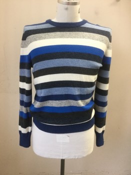 THE GAP, Blue, Gray, White, Baby Blue, Dusty Blue, Wool, Nylon, Pullover, Crew Neck Stripes, Ribbed Sleeve Caps/neck and Waistband