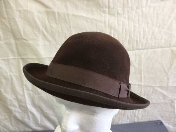 Mens, Bowler Hat 1890s-1910s, GOLDEN GATE HAT CO, Brown, Wool, Solid, 7 1/4, Grosgrain Band and Bow, Grosgrain Edge Trim,  Aged/Distressed, No Lining