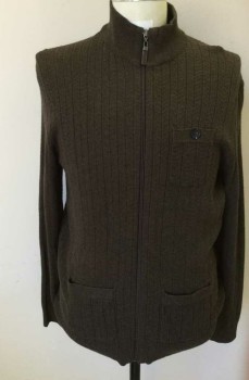 TASSO ELBA, Dk Brown, Cotton, Polyester, Solid, Zip Up Cardigan, Long Sleeves, 3 Pockets, Ribbed Knit Band Collar/Waistband/Cuff
