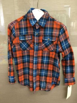 ARIZONA, Blue, Navy Blue, Orange, White, Cotton, Plaid, Long Sleeves, Collar Attached,  Button Front, 2 Pockets With Flaps  Flannel
