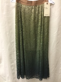 ZARA, Green, Polyester, Ombre, Accordion File Pleated Lace, Lined with a Lt Beige Mini Skirt, Elastic Waist Band