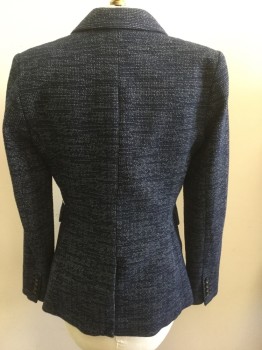 DKNY, Navy Blue, White, Wool, Novelty Pattern, Dotted and Stripe Weave, Notched Lapel, One Button Front, Pocket Flaps