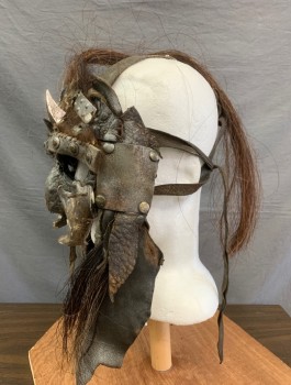 Unisex, Sci-Fi/Fantasy Mask, N/L MTO, Pewter Gray, Brown, Metallic, Leather, Metallic/Metal, Aged Metallic Leather, Eye Holes and Moulded Nose, Metal Plates and Studs, Brown Horsehair "Tail" Across Crown of Head & at Sides, Silver Pointed Studs Above Eyebrows, Made To Order, Mad Max Style