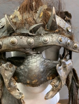 Unisex, Sci-Fi/Fantasy Mask, N/L MTO, Pewter Gray, Brown, Metallic, Leather, Metallic/Metal, Aged Metallic Leather, Eye Holes and Moulded Nose, Metal Plates and Studs, Brown Horsehair "Tail" Across Crown of Head & at Sides, Silver Pointed Studs Above Eyebrows, Made To Order, Mad Max Style