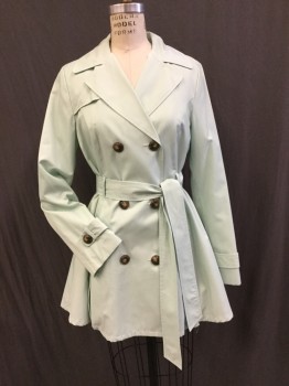 BLACK RIVER, Mint Green, Poly/Cotton, Solid, Double Breasted, Wide Notched Lapel. Matching Self Belt. Skirt at Back of Coat, Box Pleated to Waistline
