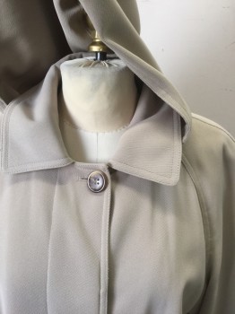 GALLERY, Khaki Brown, Polyester, Solid, Single Breasted, Raglan Sleeves, **Detachable Hood, Hidden/Covered Button Placket, Below Hip Length, Slightly Flared Shape, 2 Hip Pockets