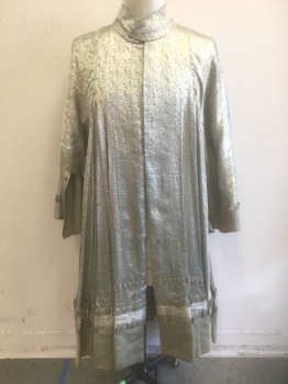 Unisex, Sci-Fi/Fantasy Robe, N/L MTO, Gold, Slate Blue, Silk, Abstract , O/S, Brocade, Long Kimono Inspired Sleeves, Gold Rectangular Metal "Coins" As Trim Throughout, Open Center Front with Hidden Snap Closures, Stand Collar, Pleats at Waist, Made To Order