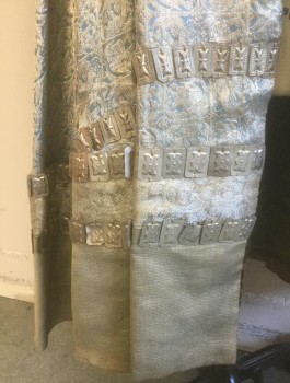 N/L MTO, Gold, Slate Blue, Silk, Abstract , Brocade, Long Kimono Inspired Sleeves, Gold Rectangular Metal "Coins" As Trim Throughout, Open Center Front with Hidden Snap Closures, Stand Collar, Pleats at Waist, Made To Order