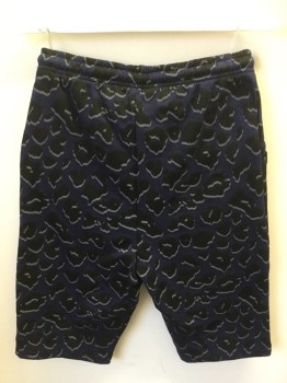MARKUS LUPFER, Navy Blue, Black, Gray, Cotton, Abstract , Navy with Black Amoeba-like Spots Outlined in Gray, Drawstring Elastic Waist, 2 Zip Pockets, Fitted