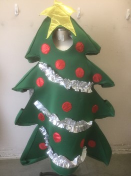 Unisex, Walkabout, N/L, Green, Red, Silver, Gold, Foam, Polyester, Holiday, O/S, Christmas Tree, Red and Silver Shiny Ornaments and Tinsel, Gold Star at Top, Open Face, Armholes at Sides
