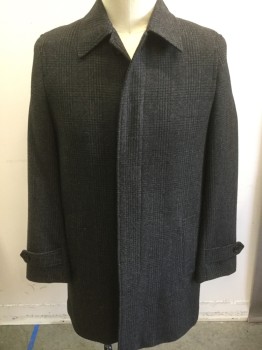 Mens, Coat, Overcoat, BLACK BROWN, Gray, Black, Wool, Glen Plaid, 46, Collar Attached, Button Front, Slit Pockets