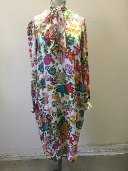 N/L, Cream, Multi-color, Silk, Floral, Cream with Rainbow Colored Floral Pattern Silk Satin, Long Sleeves, Round Neck, Shift Dress, **2 Piece, Comes with Matching SCARF