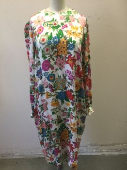 N/L, Cream, Multi-color, Silk, Floral, Cream with Rainbow Colored Floral Pattern Silk Satin, Long Sleeves, Round Neck, Shift Dress, **2 Piece, Comes with Matching SCARF