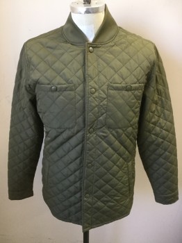ARIZONA, Olive Green, Polyester, Solid, Diamonds, Snap Front, Quilted, 4 Pockets, Rib Knit Collar