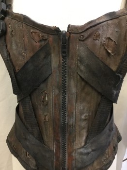 Womens, Sci-Fi/Fantasy Vest, MTO, Dk Brown, Lt Brown, Gray, Cotton, Polyester, Solid, 34, (aged/distressed)  Light Brown Canvas Bodice Corset, Dark Brown Leather Trim, with Dark Brown 1-1/2" Straps Detail Works & Buckles, Zip Front, Side Lacing,