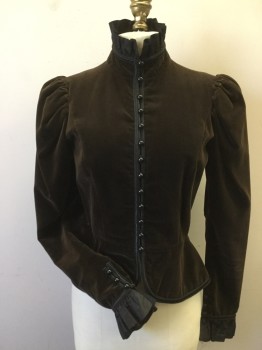 Womens, Jacket 1890s-1910s, YVES ST LAURENT, Brown, Black, Rayon, Silk, Solid, 24/6W, 34/6B, Button/ Loop Front, Puffed Shoulders, Ruffle Stand Collar and Cuffs