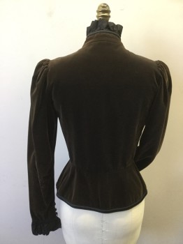 Womens, Jacket 1890s-1910s, YVES ST LAURENT, Brown, Black, Rayon, Silk, Solid, 24/6W, 34/6B, Button/ Loop Front, Puffed Shoulders, Ruffle Stand Collar and Cuffs