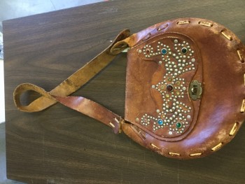 NL, Brown, Silver, Green, Red, Blue, Leather, Rhinestones, Floral, Brown Leather with Flap, Silver Studs with Rhinestones, Shoulder Strap
