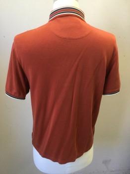 TED BAKER, Rust Orange, Lyocell, Polyamide, Solid, Jersey Knit, Short Sleeves, 4 Buttons, Rust/White/Navy/lavender Stripe Ribbed Knit Collar/Cuff