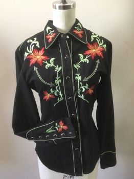 SCULLY, Black, Red, Mint Green, Gold, Rayon, Polyester, Floral, Snap Front Long Sleeves, Collar Attached, Floral Embroidery Front, Cuffs, & Yoke Center Back, Light Gray Piping,