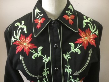 SCULLY, Black, Red, Mint Green, Gold, Rayon, Polyester, Floral, Snap Front Long Sleeves, Collar Attached, Floral Embroidery Front, Cuffs, & Yoke Center Back, Light Gray Piping,