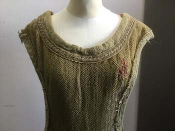 Womens, Historical Fiction Tunic, MTO, Olive Green, Red, Teal Blue, Cotton, Wool, Patchwork, Solid, H:38, Bateau/Boat Neck, Drop Waist, Open Sides From Arms to Hips, Patches with Wide Yarn Stitching in Various Colors to Look Worn and Distressed