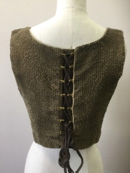Womens, Historical Fiction Bodice, MTO, Tobacco Brown, Dk Brown, Cotton, Synthetic, Solid, B36, Sleeveless, Faux Front Lacing, Back Hooks and Bars with Lacing. Textured Nubby Stripes, Sold Brown Panel Center Front, Aged/Distressed,