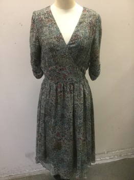 COMPTOIR COTONNIERS, Gray, Red Burgundy, Teal Blue, Olive Green, Dk Purple, Silk, Floral, Abstract , Gray with Busy Abstract Floral Pattern with Teal/Dark Gray/Burgundy/Olive Etc, Chiffon, 1/2 Sleeves with Ruched Detail, Wrap Dress with Button Closures at Side Waist, Wrapped V-neck, Gathered Smocking Horizontally Across Bust, Knee Length  **Barcode at Waist Seam