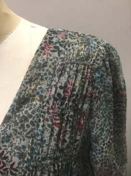 COMPTOIR COTONNIERS, Gray, Red Burgundy, Teal Blue, Olive Green, Dk Purple, Silk, Floral, Abstract , Gray with Busy Abstract Floral Pattern with Teal/Dark Gray/Burgundy/Olive Etc, Chiffon, 1/2 Sleeves with Ruched Detail, Wrap Dress with Button Closures at Side Waist, Wrapped V-neck, Gathered Smocking Horizontally Across Bust, Knee Length  **Barcode at Waist Seam