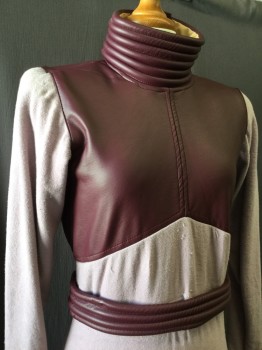 Womens, Sci-Fi/Fantasy Jumpsuit, MTO, Red Burgundy, Lavender Purple, Synthetic, Vinyl, Color Blocking, 26w, 34b, 60g, Science Funky! Tubular Quilted Turtleneck and Attached Belt, Back Zipper, Long Sleeves with Wrist Zippers, Pant Stirrups, Quilted Side Panels, Top Unzips From Bottom Completely, Hidden By Belt, for Campy Crew-mate See Fc045766